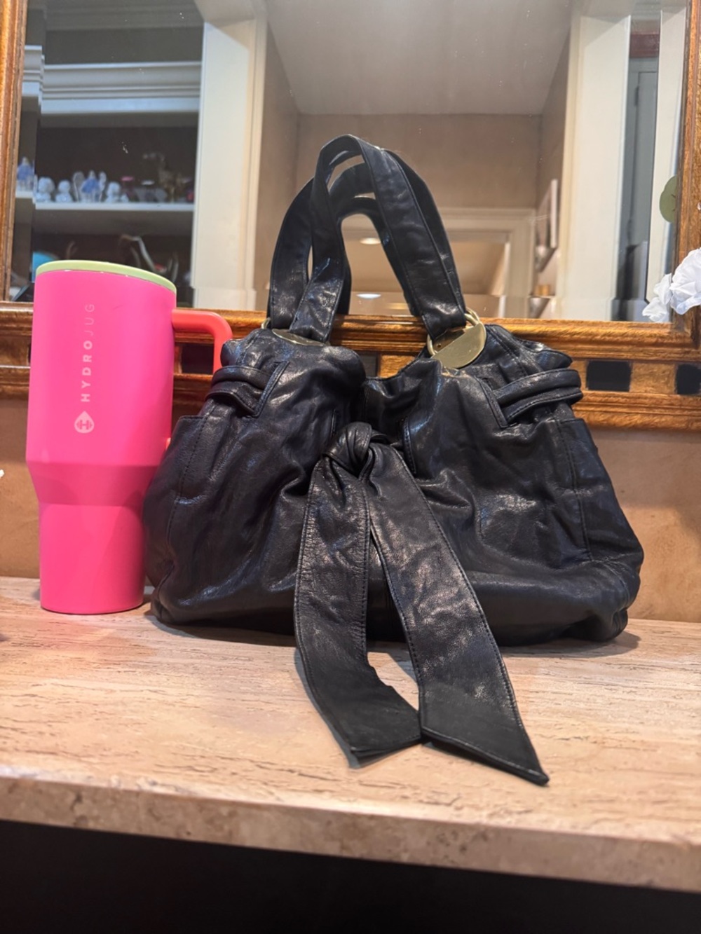 Kooba Black Leather Shoulder Bag with Front Tie Accent